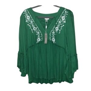 New Spense Baby Doll Embroidered Top XL Open Sleeve Lace Up Neck Green